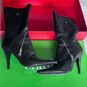 Charles By Charles David Black Heeled Boots Leather with Zipper Accents